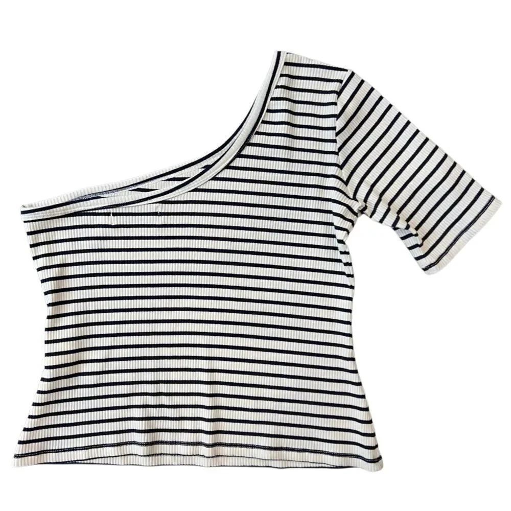 RITA ROW Ras Striped Blue Top One-Shoulder Size Large - Picture 4 of 15